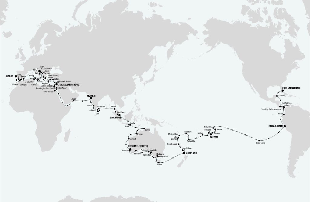 Map: Silversea's 140-day 2026 World Cruise announces on-sale date.