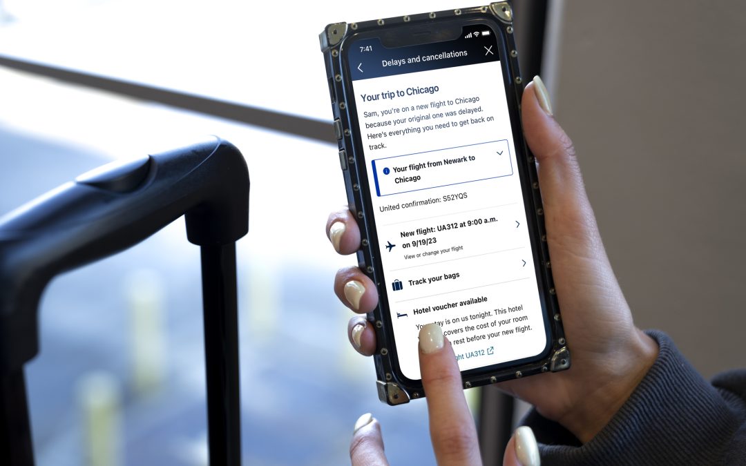 United Airlines app features lets customers re-book flights and receive vouchers automatically.